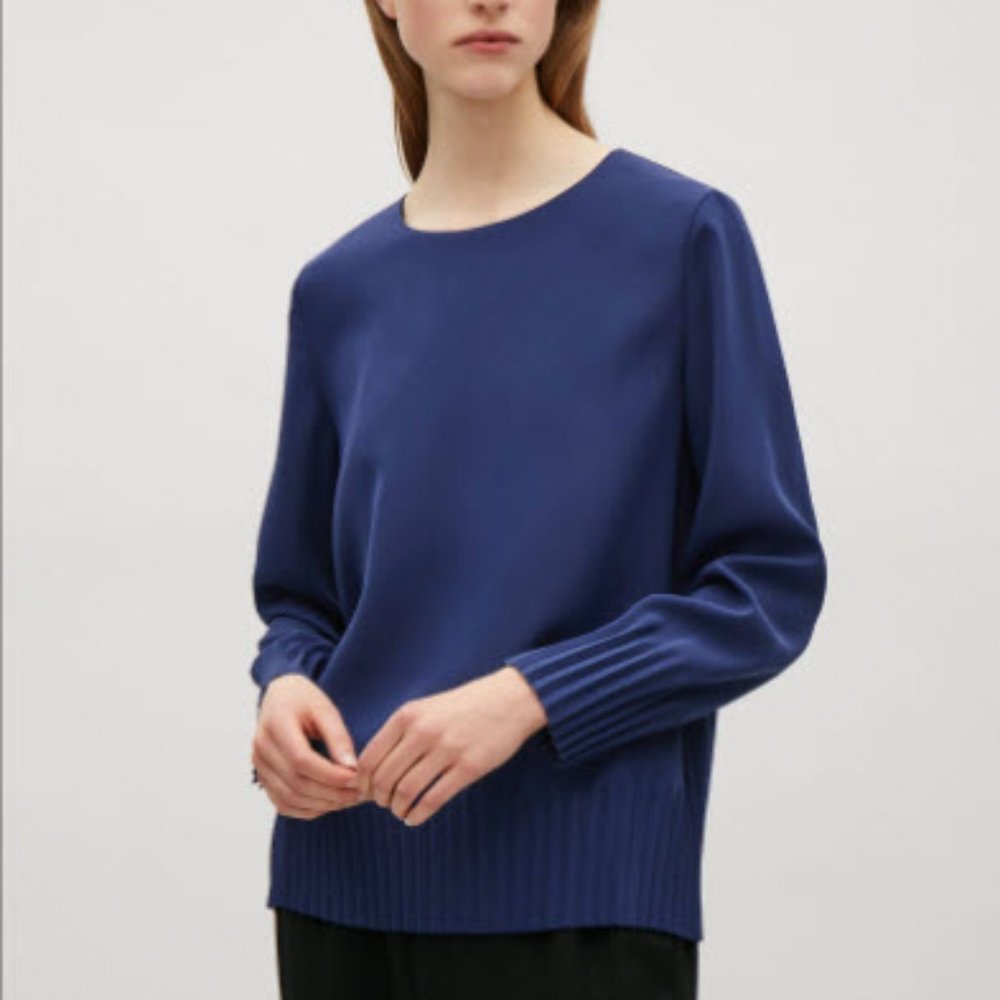 COS pleated hem cuff blouse navy blue sz 6 - Picture 1 of 5